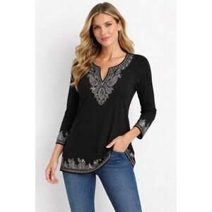INC International Concepts Petite Black Sequin Embroidered Tunic Top Large P L